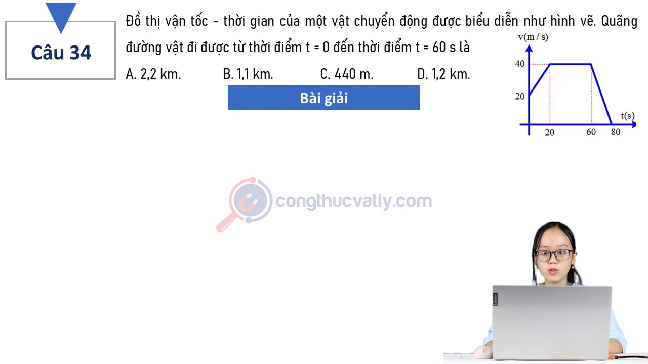 Đồ thị vận tốc - thời gian của một vật chuyển động được biểu diễn như hình vẽ. Quãng đường vật đi được từ t = 0 s đến t = 60 s là