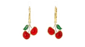4.90 ct. t.w. Ruby Cherry Drop Earrings with Green Enamel in 18kt Gold Over Sterling