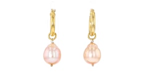 Italian 18kt Gold Over Sterling Hoop Earrings with Removable 10-11mm Peach Cultured Baroque Pearl Drops