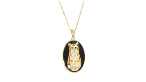 Mother-of-Pearl, Onyx and Orange Enamel Cat Mosaic Pendant Necklace in 18kt Gold Over Sterling