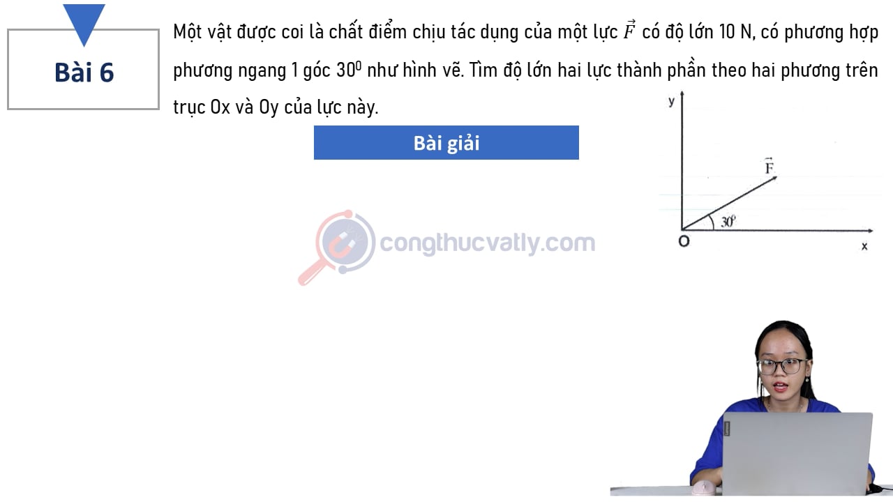 Một vật được coi là chất điểm chịu tác dụng của một lực vectơ F có độ lớn 10 N, có phương hợp với phương ngang một góc 30 độ như hình vẽ.