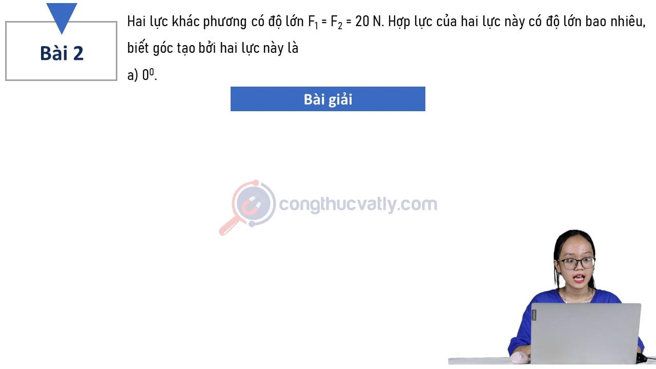 Hai lực khác phương có độ lớn F1 = F2 = 20 N. Hợp lực của hai lực này có độ lớn bao nhiêu?