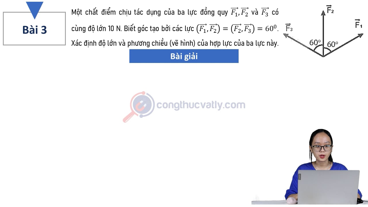 Một chất điểm chịu tác dụng của ba lực đồng quy vectơ F1, vectơ F2 và vectơ F3 có cùng độ lớn 10 N.