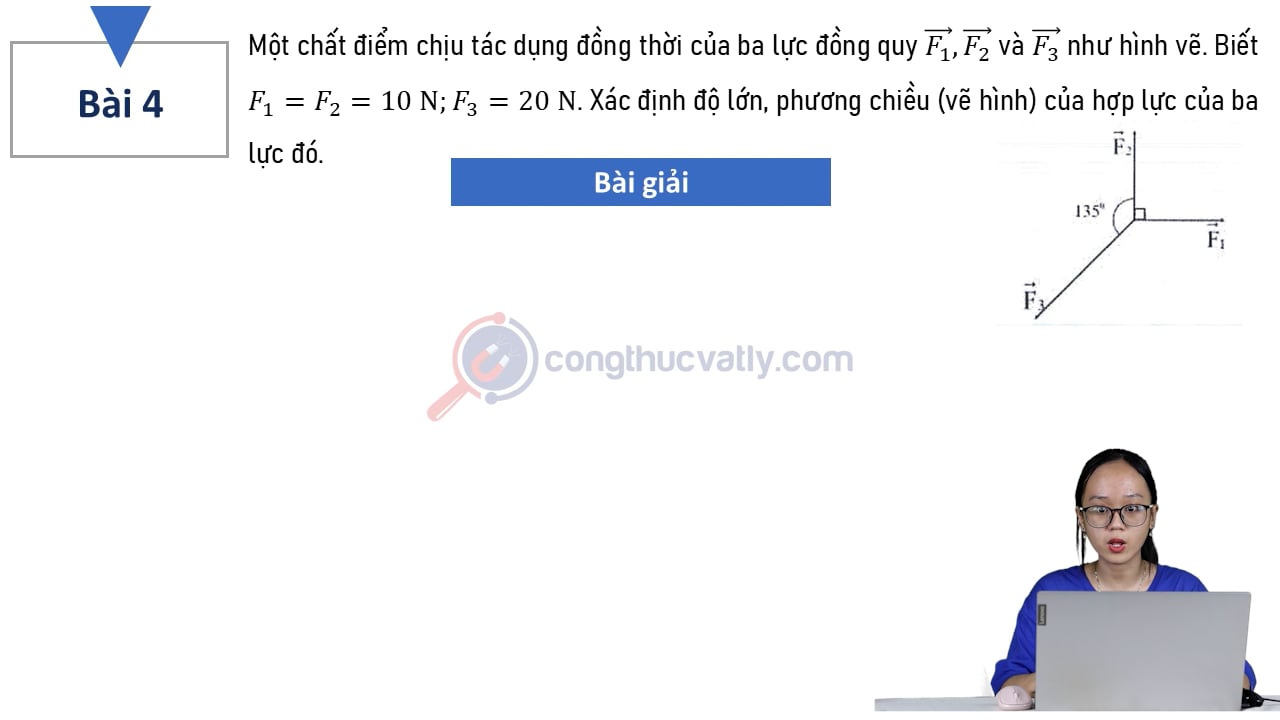 Một chất điểm chịu tác dụng đồng thời của ba lực đồng quy vectơ F1, vectơ F2 và vectơ F3 như hình vẽ.
