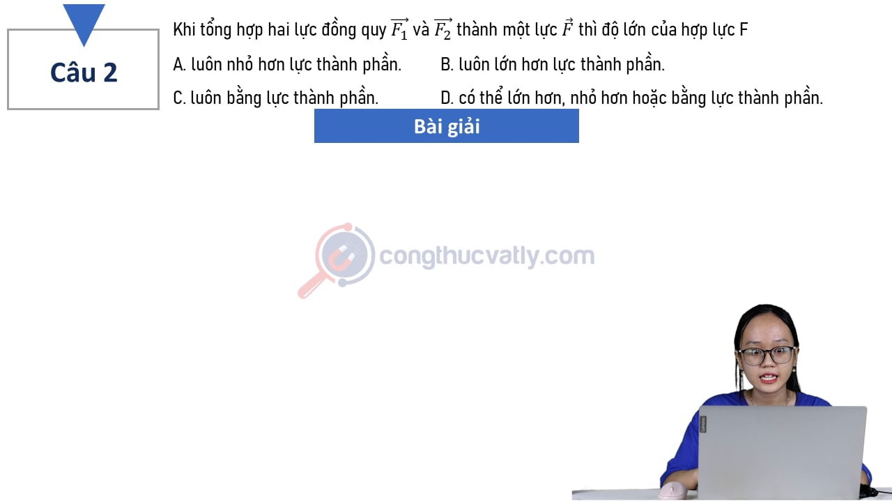 Khi tổng hợp hai lực đồng quy vectơ F1 và vectơ F2 thành một lực vectơ F thì độ lớn của hợp lực F