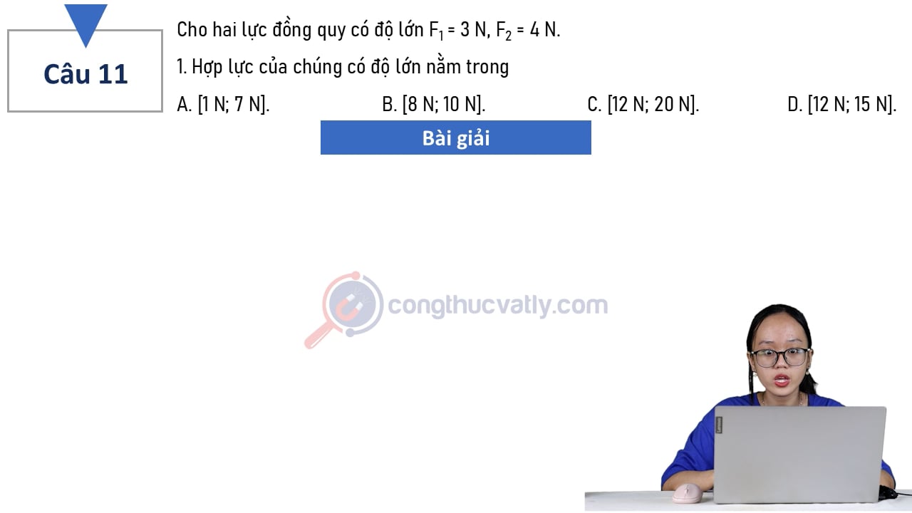 Cho hai lực đồng quy có độ lớn F1 = 3 N, F2 = 4 N.