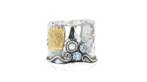 2.75-3mm Cultured Pearl and .10 ct. t.w. Swiss Blue Topaz Shell Ring in Sterling Silver and 18kt Gold Over Sterling