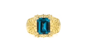 3.80 Carat London Blue Topaz Scrollwork Ring in 18kt Gold Over Sterling
