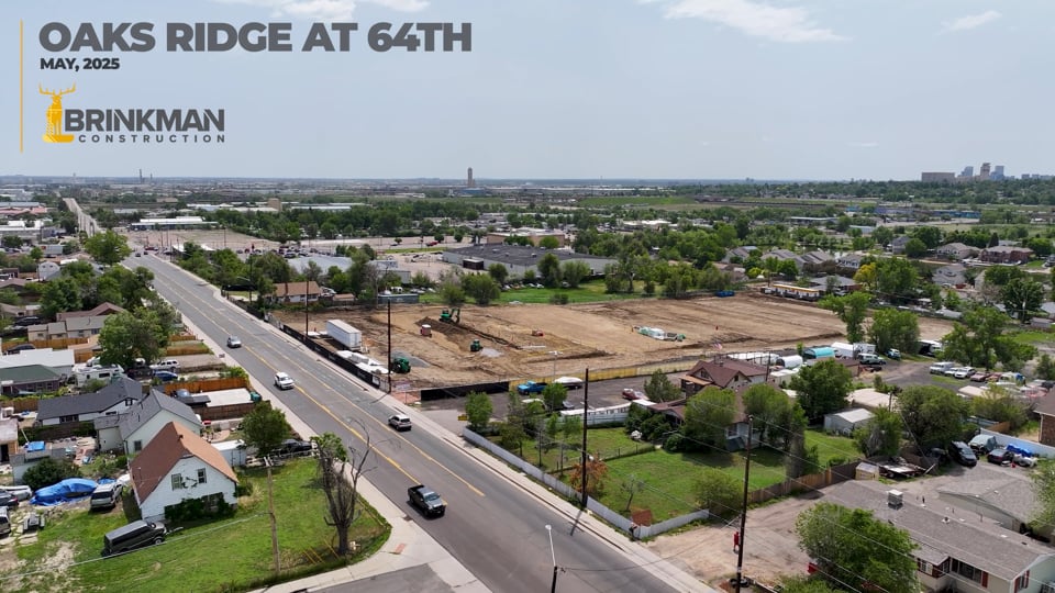 overhead view of Denver land development project by Brinkman construction at Oaks Ridge at 64th with Raptor Civil Engineering, Inner Circle Capital, and Brown Collective Architecture + Design