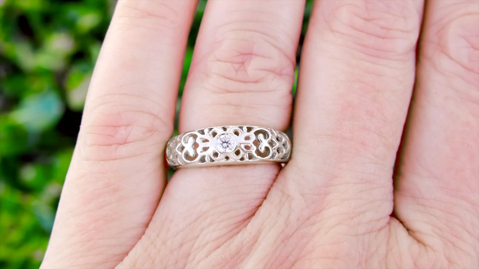 Edwardian Filigree White Sapphire Ring in 14 Karat White