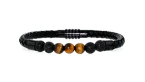Mens 8-8.5mm Tiger Eye Bead and Lava Stone Braided Leather Bracelet with Black Stainless Steel Magnetic Clasp