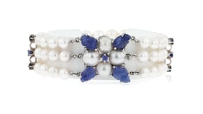 C. 1950 Vintage 5.7-7.5mm Cultured Pearl and 6.35 ct. t.w. Sapphire Floral Three-Row Bracelet in 14kt White Gold