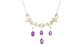 C. 1900 Vintage 9.60 ct. t.w. Amethyst Drop Necklace with Seed Pearls in 14kt Yellow Gold
