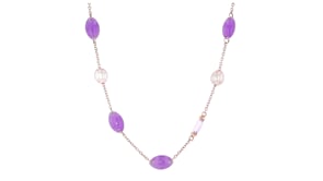 C. 1990 Vintage Mimi Milano Lavender Jade and 5.25 ct. t.w. Amethyst Station Necklace with Cultured Peach Pearls in 18kt Rose Go