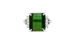 C. 1990 Vintage 4.60 Carat Green Tourmaline and .14 ct. t.w. Diamond Ring in Platinum
