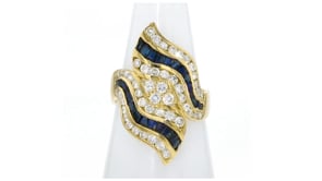 C. 2000 Vintage 1.07 ct. t.w. Diamond and 1.01 ct. t.w. Sapphire Wave Ring in 18kt Yellow Gold