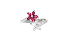 C. 1990 Vintage .45 ct. t.w. Ruby and .32 ct. t.w. Diamond Floral Bypass Ring in Platinum