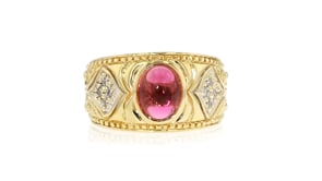 C. 1980 Vintage 1.50 Carat Pink Tourmaline Ring with Diamonds in 18kt Yellow Gold