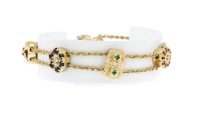 C. 1990 Vintage 1.02 ct. t.w. Multi-Gemstone Slide Bracelet with .12 ct. t.w. Diamonds and Seed Pearls in 14kt Yellow Gold
