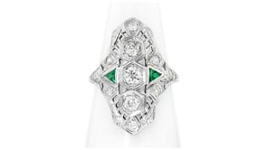 C. 1930 Vintage 3.5mm Simulated Emerald and .85 ct. t.w. Diamond Ring in 18kt White Gold