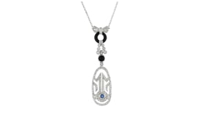 C. 1990 Vintage Onyx, .75 ct. t.w. Diamond and .20 ct. t.w. Sapphire Pendant Necklace in 18kt White Gold
