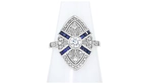 C. 2000 Vintage .45 ct. t.w. Diamond and .26 ct. t.w. Sapphire Navette Ring in Platinum