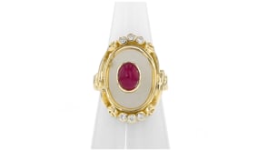 C. 1980 Vintage 6.00 Carat Rock Crystal and 1.40 Carat Ruby Cocktail Ring with .15 ct. t.w. Diamonds in 18kt Yellow Gold
