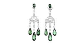 C. 1990 Vintage 9.60 ct. t.w. Green Tourmaline and 1.78 ct. t.w. Diamond Chandelier Earrings in 18kt White Gold
