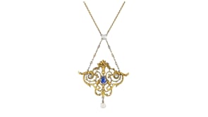C. 1900 Vintage Multicolored Cultured Pearl, 1.75 Carat Sapphire and .11 ct. t.w. Diamond Necklace in 18kt Yellow Gold