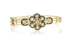C. 2000 Vintage Black Enamel and .90 ct. t.w. Diamond Bangle Bracelet in 14kt Yellow Gold