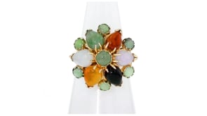 C. 1980 Vintage Multicolored Jade Cluster Ring in 14kt Yellow Gold