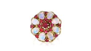 C. 1970 Vintage Opal and 1.40 ct. t.w. Ruby Cluster Ring in 10kt Yellow Gold