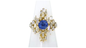 C. 1980 Vintage 1.25 Carat Sapphire and 1.60 ct. t.w. Diamond Cocktail Ring in 18kt Yellow Gold