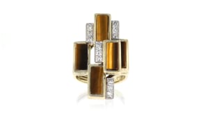 C. 1960 Vintage Tiger Eye and .30 ct. t.w. Diamond Cocktail Ring in 14kt Yellow Gold