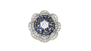 C. 1970 Vintage 1.70 ct. t.w. Diamond and 1.20 ct. t.w. Sapphire Flower Ring in 18kt Two-Tone Gold