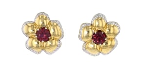 C. 1980 Vintage 4.00 ct. t.w. Rhodolite Garnet and 1.00 ct. t.w. Diamond Flower Earrings in 18kt Yellow Gold
