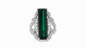 C. 2000 Vintage 6.85 Carat Green Tourmaline and .64 ct. t.w. Diamond Ring in Platinum