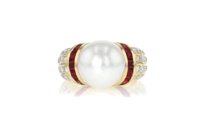C. 1990 Vintage 12mm Cultured Pearl, 1.40 ct. t.w. Ruby and .80 ct. t.w. Diamond Cocktail Ring in 18kt Yellow Gold