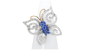 C. 1990 Vintage 1.30 ct. t.w. Diamond and .75 ct. t.w. Sapphire Butterfly Ring in 18kt White Gold