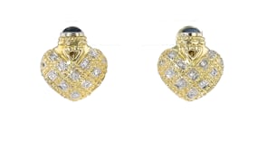C. 1980 Vintage 1.30 ct. t.w. Sapphire and .35 ct. t.w. Diamond Heart Earrings in 14kt Yellow Gold