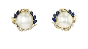C. 1980 Vintage 15mm Cultured Pearl, 2.00 ct. t.w. Sapphire and .55 ct. t.w. Diamond Earrings in 18kt Yellow Gold