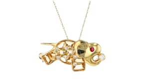 C. 1990 Vintage 2.50 ct. t.w. Citrine and .11 ct. t.w. Diamond Elephant Pin/Pendant Necklace with Single Ruby in 18kt Yellow Gol