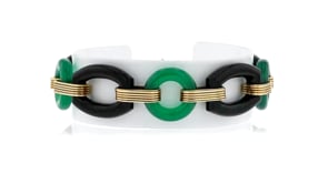 C. 1960 Vintage Onyx and Green Chalcedony Link Bracelet in 14kt Yellow Gold