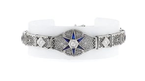C. 1950 Vintage .70 ct. t.w. Synthetic Sapphire and .28 ct. t.w. Diamond Filigree Bracelet in 18kt White Gold