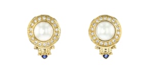 C. 1980 Vintage 11.8mm Cultured Mabe Pearl, 1.45 ct. t.w. Diamond and .36 ct. t.w. Sapphire Earrings in 14kt Yellow Gold