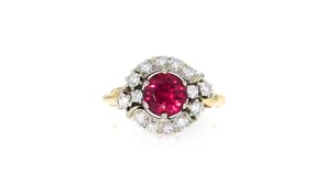 C. 1980 Vintage 1.50 Carat Rhodolite Garnet and .55 ct. t.w. Diamond Ring in 14kt Yellow Gold