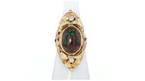 C. 1960 Vintage Black Boulder Opal Leaf Ring with .15 ct. t.w. Diamonds in 14kt Tri-Colored Gold
