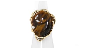 C. 1970 Vintage Tiger Eye Cat Ring with .12 ct. t.w. Diamonds in 14kt Yellow Gold