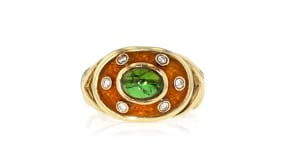 C. 1980 Vintage 1.55 Carat Green Tourmaline and .15 ct. t.w. Diamond Ring with Orange Enamel in 14kt Yellow Gold