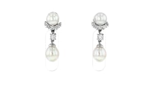 C. 1960 Vintage 6.5-8mm Cultured Pearl and .55 ct. t.w. Diamond Drop Earrings in Palladium